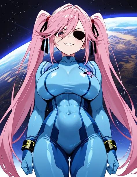 傑作、best quality、best resolution、best image quality、amazing quality、 very aesthetic、 absurdres、anime coloring、anime screencap、1woman、<lora:ryth-saito-furoufushi:1>、 saito furoufushi、eyepatch、pink hair、twintail hair、long hair、purple eyes、covered breasts、big ...