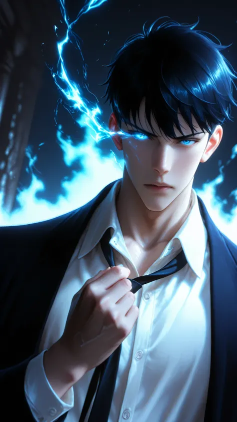 Hype4realistic, 1boy, solo, sung jinwoo (solo leveling), short tousled korean hair, blue eyes, glowing left eye with black energy trail directly from the eye, relaxed cut blazer, unbuttoned white shirt, plain black necktie without any design, removing his ...