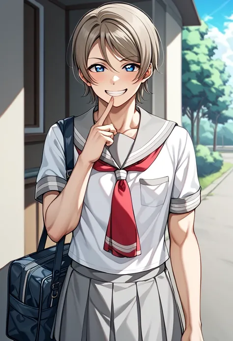 score 9 、score 8 up、score 7 up、source anime、1boy、(male:1.55)、solo、looking at viewer、smile、short hair、blue eyes、brown hair、gray hair、(manly face:1.55)、gray sailor collar、white shirt、school uniform、short sleeve、pleated skirt、outdoors、sailor outfit、gray skirt...