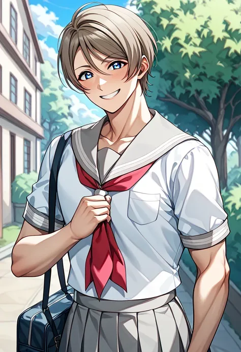 score 9 、score 8 up、score 7 up、source anime、1boy、(male:1.55)、solo、looking at viewer、smile、short hair、blue eyes、brown hair、gray hair、(manly face:1.55)、gray sailor collar、white shirt、school uniform、short sleeve、pleated skirt、outdoors、sailor outfit、gray skirt...