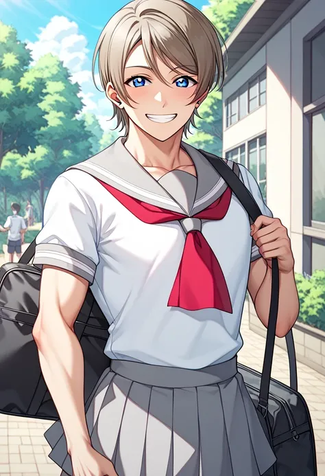 score 9 、score 8 up、score 7 up、source anime、傑作、best quality、best resolution、best image quality、anime coloring、anime screencap、anime screenshot、1boy、(male:1.55)、solo、looking at viewer、male focus、smile、short hair、blue eyes、brown hair、gray hair、(manly face:1....