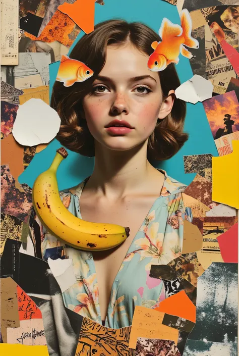 Retro Collage Revolution!magazine clippings,girl, banana, goldfish theme, VINTAGE MATERIAL,Unconventional Art,masterpiece,ultra-detailed,Photorealistic,8k,studio lighting,physically-based rendering,vivid colors, bokeh, Complex Layers and Cutouts,Faded Mate...