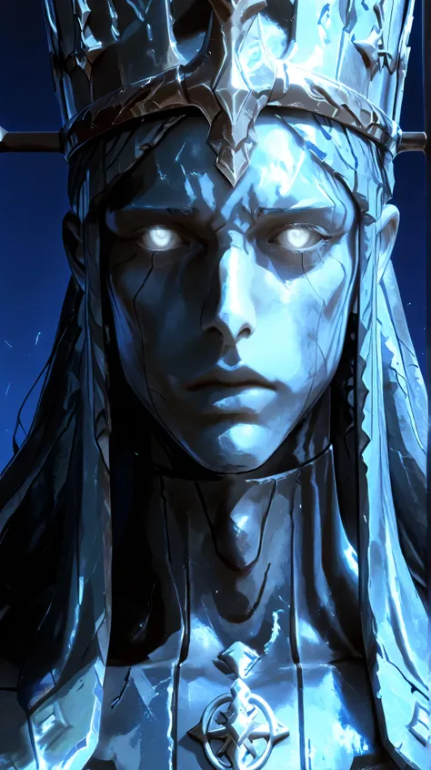 upper body, 1boy, solo , white eyes, eye contact , statue , statue_of_god , statue (solo leveling),statue_of_god, close up, front view, looking at the viewer, background, dark blue background, closed mouth, circle around crown