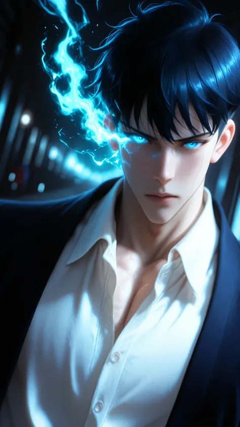 Hype4realistic, 1boy, solo, sung jinwoo (solo leveling), short tousled korean hair, blue eyes, glowing left eye with black energy trail directly from the eye, relaxed cut blazer, unbuttoned white shirt, close-up 120degrees dutch camera angle, front view, i...