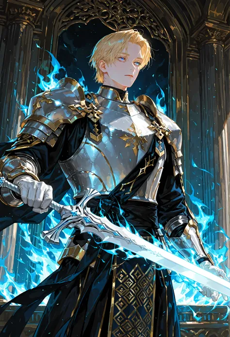 magic, 8k, beautiful masterpiece, looking ahead, alone, pale skin, Perfect Eyes shape, Athletic Build, ((He wears: white heavy armor with dragon motif; primarily dark with golden accents robe underneath armor; white pauldrons; white vambraces; black sash; ...