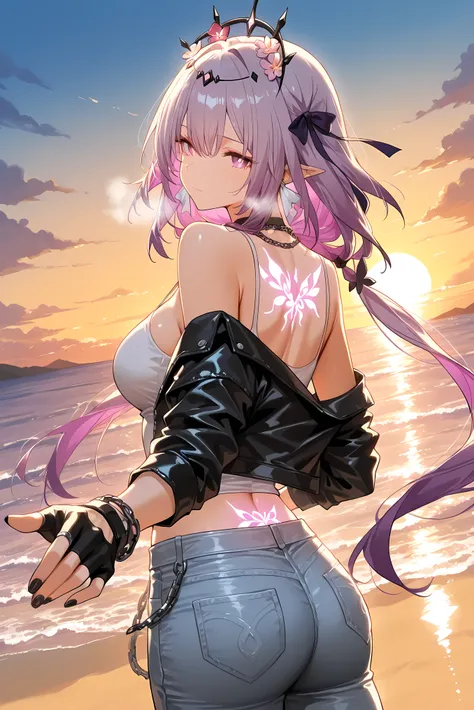 score_9, score_8_up, score_7_up, masterpiece, best quality, very aesthetic, absurdres, tunning image, attractive image, 1girl, solo, adult grown woman, castorice \(honkai star rail\), purple eyes, purple hair, pointy ears, multicolored hair, hair ornament,...
