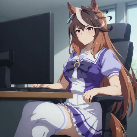 anime, lazypos, masterpiece, best quality, amazing quality, in office, at desk, computer, watching video on computer, blushing, 1girl, symboli rudolf, symboli rudolf (umamusume), horse ears, horse girl, long hair, brown hair, animal ears, hair between eyes...