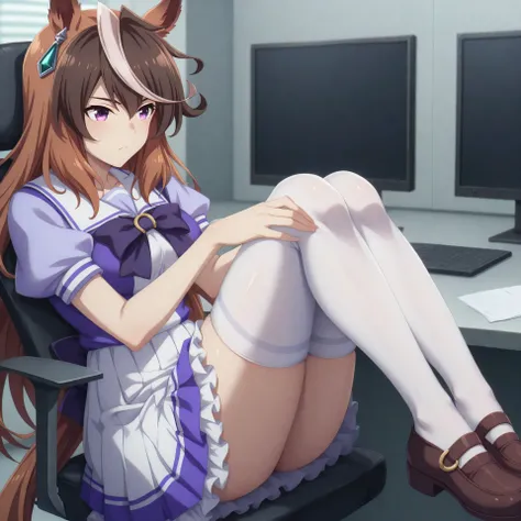 anime, lazypos, masterpiece, best quality, amazing quality, in office, at desk, computer, watching video on computer, blushing, 1girl, symboli rudolf, symboli rudolf (umamusume), horse ears, horse girl, long hair, brown hair, animal ears, hair between eyes...