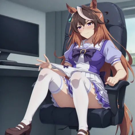 anime, lazypos, masterpiece, best quality, amazing quality, in office, at desk, sitting in chair, computer, looking at computer, watching porn on computer, blushing, 1girl, symboli rudolf, symboli rudolf (umamusume), horse ears, horse girl, long hair, brow...