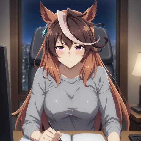 anime, lazypos, masterpiece, best quality, amazing quality, in office, night, night time, at desk, sitting in chair, computer, watching computer, blushing, 1girl, symboli rudolf, symboli rudolf (umamusume), horse ears, horse girl, long hair, brown hair, an...