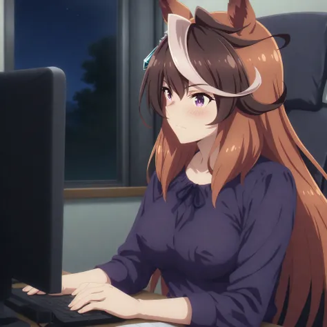anime, lazypos, masterpiece, best quality, amazing quality, in office, night, night time, at desk, sitting in chair, computer, watching computer, blushing, 1girl, symboli rudolf, symboli rudolf (umamusume), horse ears, horse girl, long hair, brown hair, an...