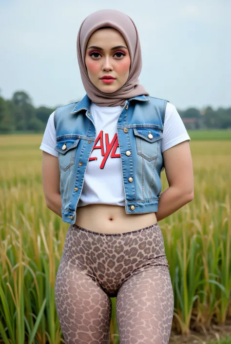 Just Front photo, wear a loose drop Looks like a little rubber panties pastel translucent (cheetah print) leggings closed my center, Tetek besar melayut, hijab hijab hijab  hijab, (photorealistic:1.6), background rice paddy. daytime atmosphere, don't put a...