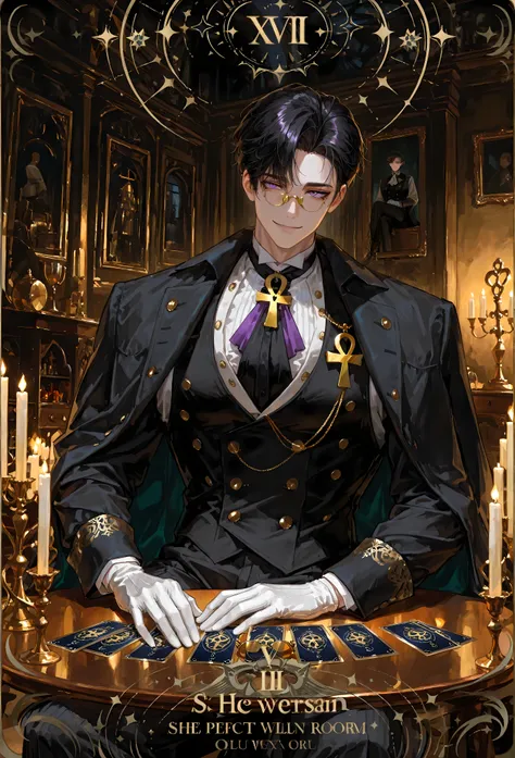 magic, 8k, beautiful masterpiece, looking ahead, alone, pale skin, Perfect Eyes shape, Athletic Build, ((He wears: blue with golden accents = Victorian frock coat, double-breasted vest, Victorian pants; white Victorian shirt, purple cravat, black Victorian...