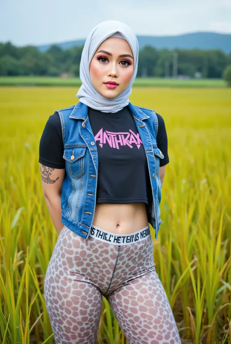 Just Front photo, wear a loose drop Looks like a little rubber panties pastel translucent (cheetah print) leggings closed my center, Tetek besar melayut, hijab hijab hijab  hijab, (photorealistic:1.6), background rice paddy. daytime atmosphere, don't put a...