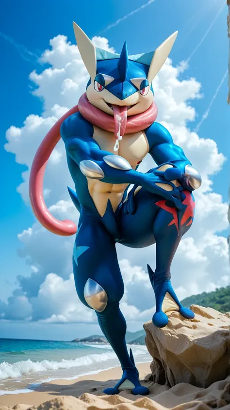 (    masterpiece,     better quality:1.2),Alone,greninja male    \(Pokémon\),Pokémon \(creature\),    full body,        there are no humans,    arms extended   ,     blue skin    ,      tight pants looking at the viewer ,blue sky,  Position looking down,  ...