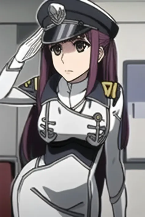 can you draw the whole particle more delicately，can you draw her expression more delicately，Can you draw particles more delicately，ブルーグレー色Military uniformの女性，Greeting pose，femininity standing at the teacher's house，I'm on a spaceship bridge，can you draw de...