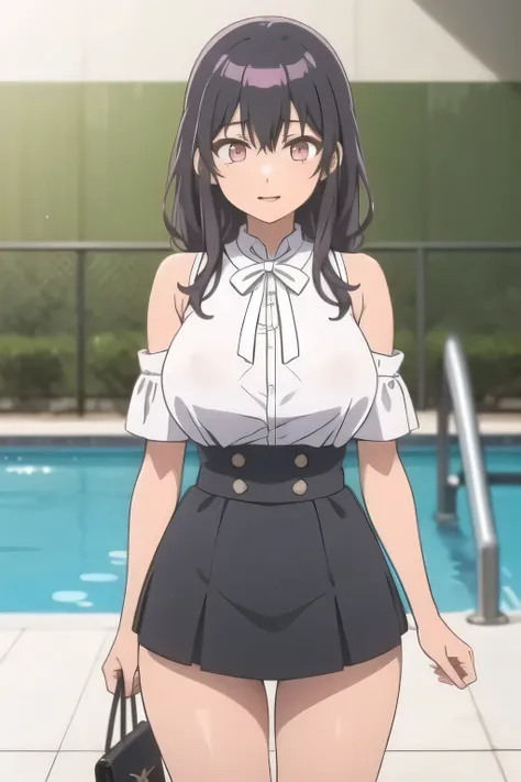 Can you draw ,a sleeveless light dress with white panties,standing,big breasts,a woman in a light pleated micro mini skirt,white panties with the letters ,amazing thighs ,beautiful legs,High Heels,濡れた服の中に隠されたbig breasts,,,woman with long black hair,thin sl...