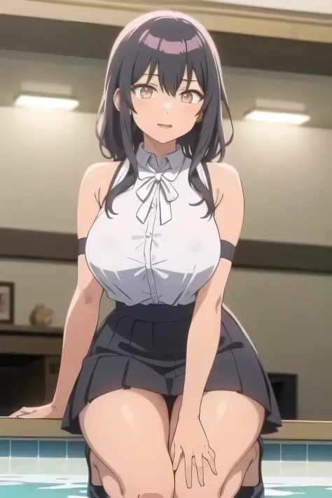 Can you draw ,a sleeveless light dress with white panties,standing,big breasts,a woman in a light pleated micro mini skirt,white panties with the letters ,amazing thighs ,beautiful legs,High Heels,濡れた服の中に隠されたbig breasts,,,woman with long black hair,thin sl...