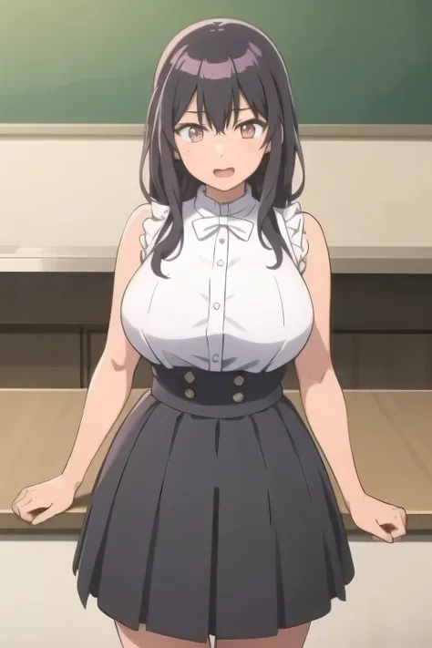 Can you draw ,a sleeveless light dress with white panties,standing,big breasts,a woman in a light pleated micro mini skirt,white panties with the letters ,amazing thighs ,beautiful legs,High Heels,濡れた服の中に隠されたbig breasts,,,woman with long black hair,thin sl...