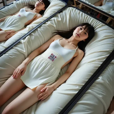 A real and detailed photograph of a young and beautiful Japanese womanhood packed in a large cushioned aluminum case。 The body is fully protected by a detailed wrap 、Highly detailed thighs。Womanhood is a commodity、Womanhood is a premium item、Womanhood is h...