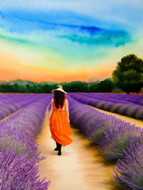 A woman walking through a lavender field at sunset, long hair flowing in the wind, wearing a light bohemian dress. The sky is painted in pastel orange and lilac, the lavender rows are delicate and detailed. Real watercolor simulation with visible pigment g...