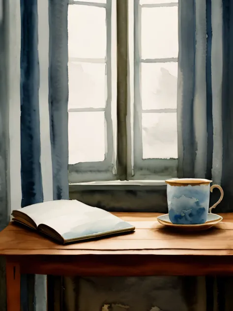 A cozy corner with an antique armchair, a wool blanket, a steaming teacup, and an open book resting on a wooden table. A window shows snow falling outside. Watercolor painting style, cold blue and gray tones, fine handcrafted texture, realistic paper grain...