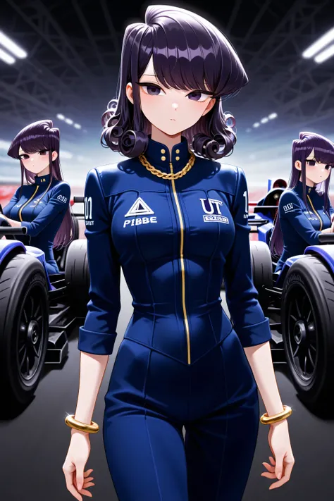 {best quality}, {very aesthetic}, {ultra-detailed}, {best illustration},{Komi Shouko}, navy hair,medium hair,curly hair,purple hair, purple eyes,Formula-1 pit bebe Uniform,gold necklace,Gold Chain Bracelets