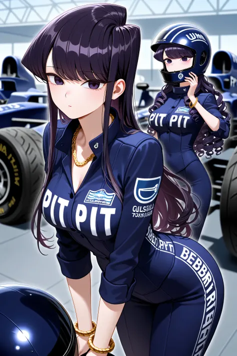 {best quality}, {very aesthetic}, {ultra-detailed}, {best illustration},{Komi Shouko},navy hair,long hair,curly hair,purple hair, purple eyes,Formula-1 pit bebe Uniform,gold necklace,Gold Chain Bracelets,Helmet