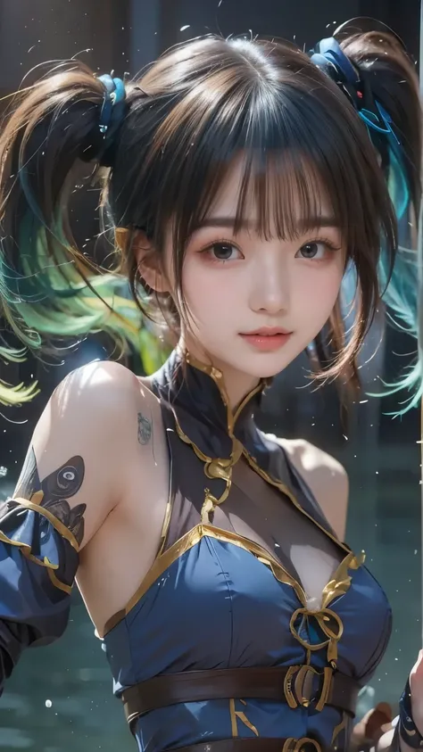 Anime girl with blue hair and green eyes standing in the water, Detailed Digital Animated Art, do, clean heavy man under {x} detailed anime art, Anime Art Wallpaper 4k, anime art wallpaper 4k, detailed portrait of an anime girl, Anime Art Wallpaper 8K, hea...