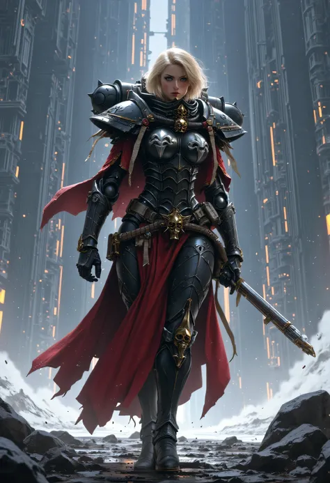 SisB40K, ultra realistic blonde woman wearing SisB40K armor