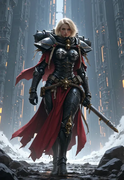 SisB40K, ultra realistic blonde woman wearing SisB40K armor