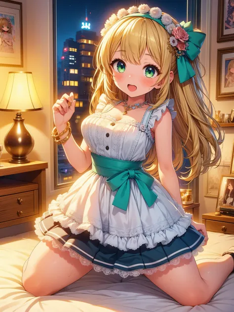 Highly detailed, high quality, masterpiece, beautiful, (all photo shooting), girl child student, on all fours, from behind, showing panties, perfect eyes, green eyes, light eyes, blushing face, happy face, big thighs, medium chest, short stature, long hair...