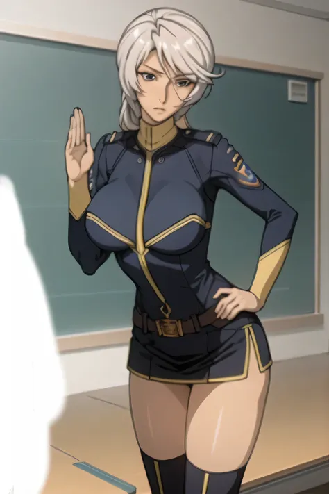 can you draw the whole particle more delicately,can you draw her expression more delicately,can you draw particles more delicately,ブルーグレー色Military uniformの女性,Greeting pose,femininity standing at the teacher's house,I'm on a spaceship bridge,can you draw de...