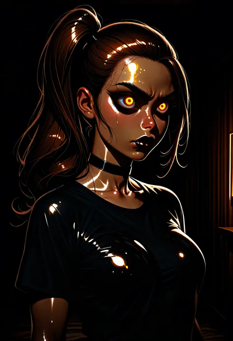 1girl, long hair, slick back side ponytail, brown hair, black eyebrows, thin eyebrows, pink eyeshadows, black eyeliners, big eyes, (glowing golden eyes), thick lipstick, perfect face, beautiful girl, t-shirt, black t-shirt, medium breasts, black choker, ((...