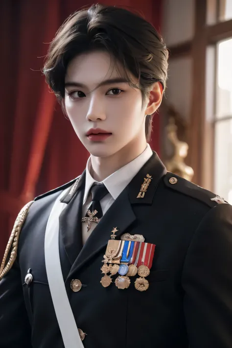 ((highest quality, 8K, masterpiece: 1.3)), ((photorealistic)), Handsome boy in k pop model outfit, ((25-year-old man)), well-groomed face, black hair color, thin face, (white skin:1.5), black eyes, Super handsome, sexy eyes, Extra-fine face, handsome nose...