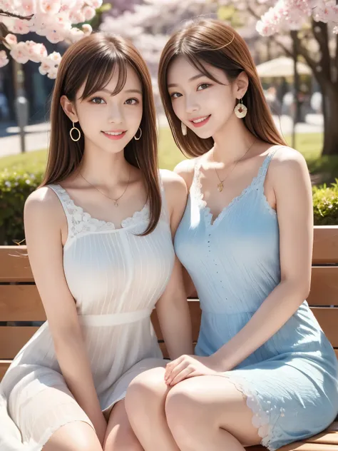 (masterpiece, ultra-realistic), two women sitting side by side on a bench under night sakura trees, holding each other's arm affectionately, smiling gently at the camera, romantic and serene mood, lace-trimmed midi dresses in soft white and light blue, flu...