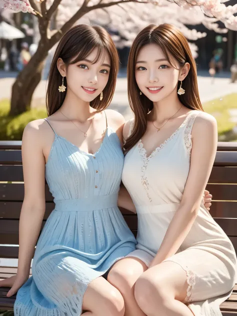 (masterpiece, ultra-realistic), two women sitting side by side on a bench under night sakura trees, holding each other's arm affectionately, smiling gently at the camera, romantic and serene mood, lace-trimmed midi dresses in soft white and light blue, flu...
