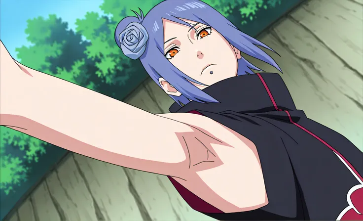 masterpiece, best quality, amazing quality, anime screencap, anime coloring, 1girl, solo, konan, blue hair, single hair bun, orange eyes, hair flower, lip piercing, high collar, cloak, loose robe, sleeveless, bare shoulders, bare arms, arm up, raised arm, ...