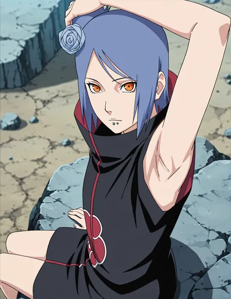 masterpiece, best quality, amazing quality, anime screencap, anime coloring, 1girl, solo, konan, blue hair, single hair bun, orange eyes, hair flower, lip piercing, (high collar:1.2), cloak, loose robe, sleeveless, bare shoulders, bare arms, arm on own hea...
