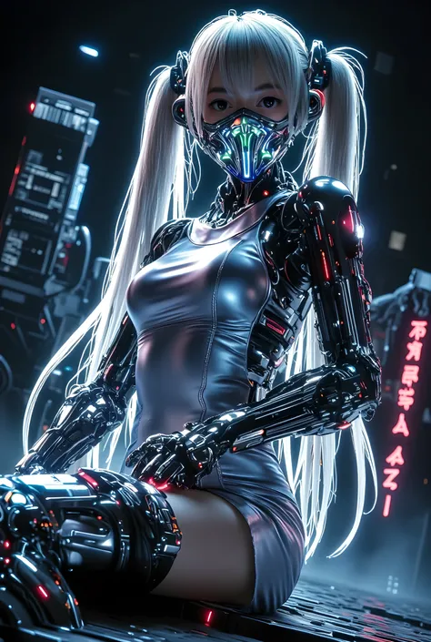 Ultra flat, Flat Shading), Honors Type, Really blushing, 17years old, high school girl, Twin ponytails, cyber mask Mouth, from above,(angry)(Smile)(Shine in a silver dress)MAGNACARTA(Kim Hyung-tae's character)((straight long hair:1.3))((very short hair,blu...