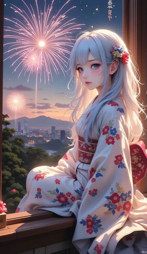full body,Scenery Seen Through a Window,Windowside where you can see beautiful fireworks,Woman in yukata,fuii body,high quality realistic 3d rendering,precise texture,Sparkling night view,Deep Colors,sophisticated composition,Charming Atmosphere,Delicate D...