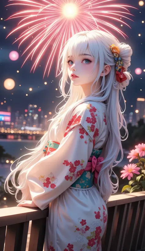 (((full body))),Scenery showing fireworks,Beautiful fireworks,Woman in yukata,(((full body))),high quality realistic 3d rendering,precise texture,Sparkling night view,Deep Colors,sophisticated composition,Charming Atmosphere,Delicate Details,Exquisite Boke...