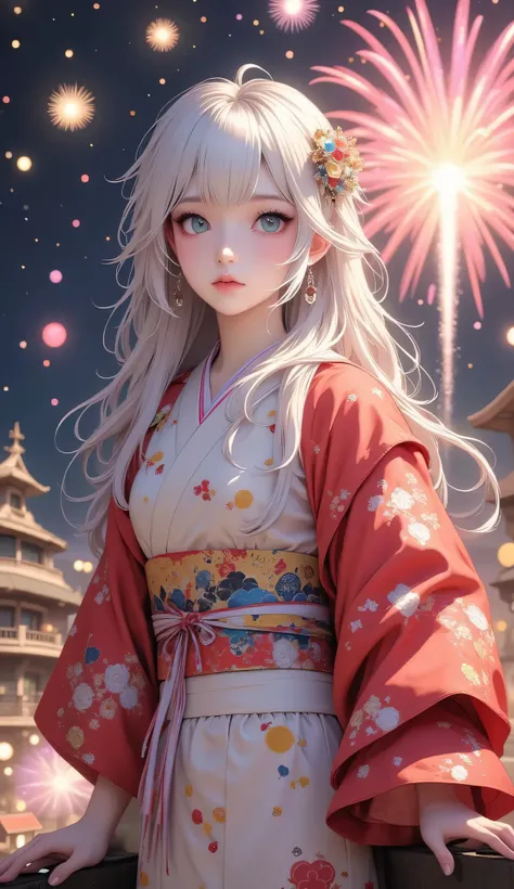 (((full body))),Scenery showing fireworks,Beautiful fireworks,Woman in yukata,(((full body))),high quality realistic 3d rendering,precise texture,Sparkling night view,Deep Colors,sophisticated composition,Charming Atmosphere,Delicate Details,Exquisite Boke...