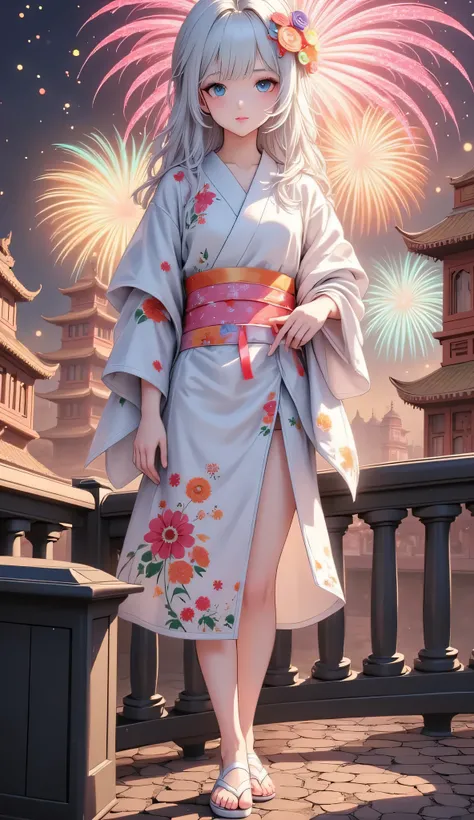 (((full body))),Scenery showing fireworks,Beautiful fireworks,Woman in yukata,Full Body,(((full body))),high quality realistic 3d rendering,precise texture,Sparkling night view,Deep Colors,sophisticated composition,Charming Atmosphere,Delicate Details,Exqu...