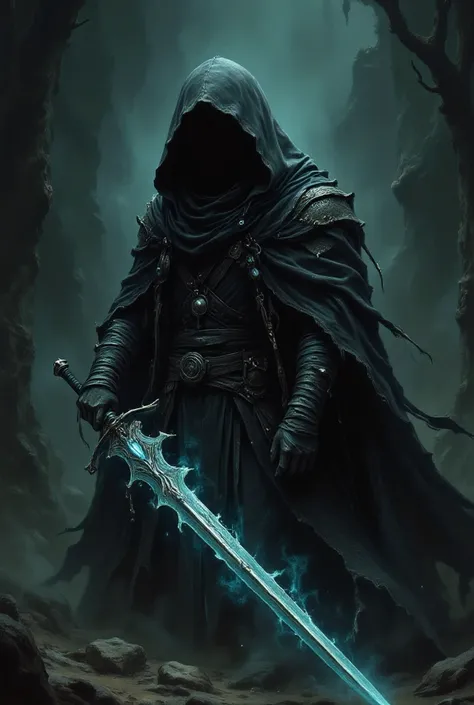 His sword is a shadow sword glowing in the dark and his body is totally covered  because his dress is the one who covered his whole body but his eye is red