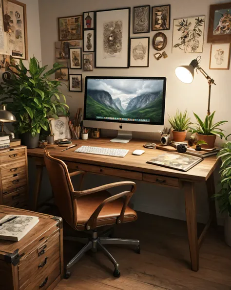 Realistic , photorealistic, Top quality, ULTRA-DETAILED, creative workspace, wooden solid wood desk, iMac 27", Wacom graphics tablet, leather organizer, vintage desk lamp, stack of design books, art prints on the wall, live plants , warm evening light