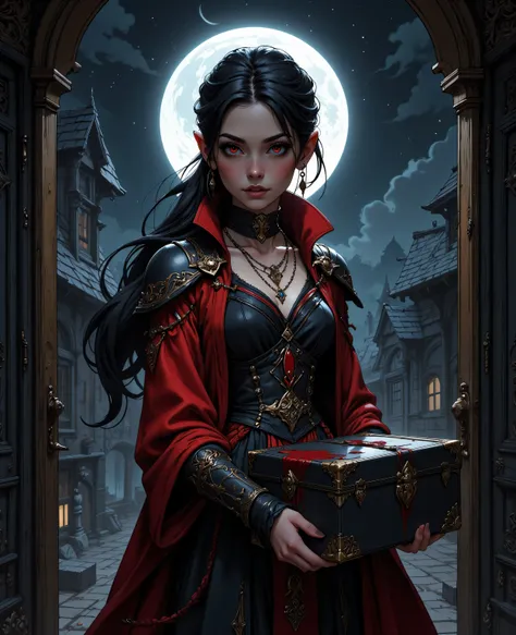 midjourney ,zavy-ctcmcs,hyp3rd3tail style,Niji Stan Katayama Style,a portrait of  a female vampire courier, carrying a dark and bloody box, extremely beautiful, dark hair, long hair, pulled back hair, red eyes, jewelry, chocker, wearing intricate red and b...
