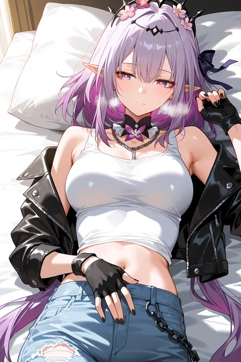 score_9, score_8_up, score_7_up, masterpiece, best quality, very aesthetic, absurdres, tunning image, attractive image, 1girl, solo, adult grown woman, castorice \(honkai star rail\), purple eyes, purple hair, pointy ears, multicolored hair, hair ornament,...