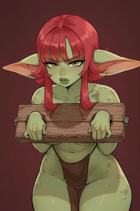1 short goblin woman, short red hair, bangs, long ears, green skin, body spots, green full lips, naked, loincloth, simple background, look at viewer, stocks, restricted 