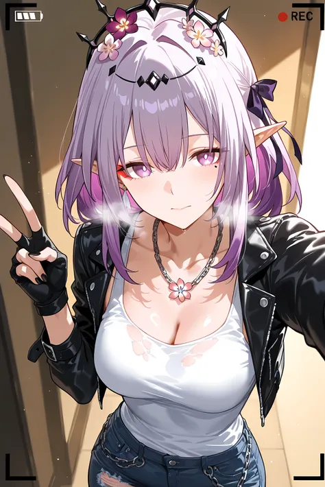 score_9, score_8_up, score_7_up, masterpiece, best quality, very aesthetic, absurdres, tunning image, attractive image, 1girl, solo, adult grown woman, castorice \(honkai star rail\), purple eyes, purple hair, pointy ears, multicolored hair, hair ornament,...